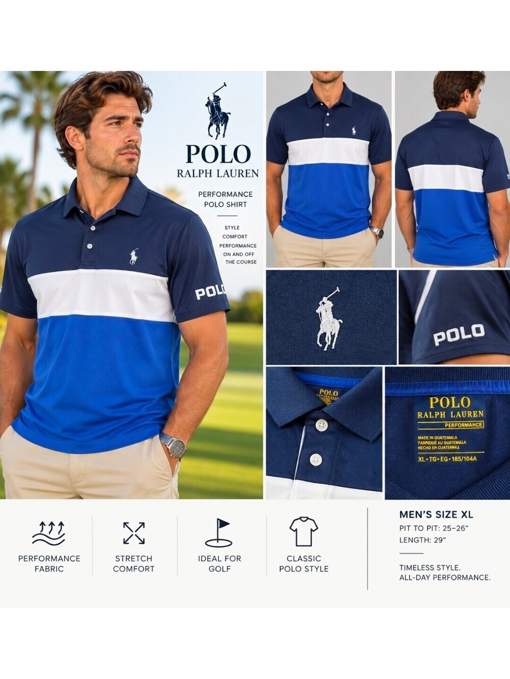 Polo Ralph Lauren Performance Menβs XL Colorblock Golf Polo Shirt Blue White